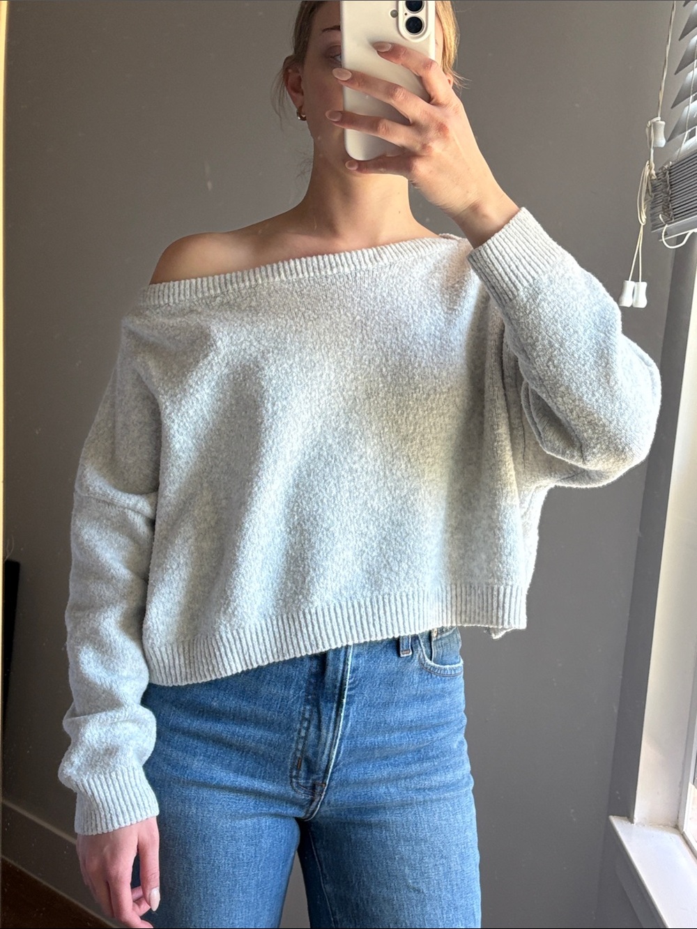 Altar'd State Light Gray Off-the-Shoulder Sweater